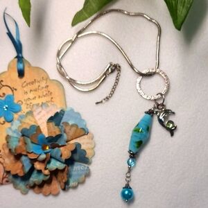 Artisan Necklace Dolphin Charm Turquoise Emerald Color Glass Bead Silvertone